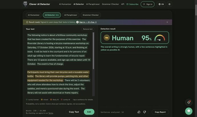 Clever AI Detector result for the unchanged Normal-mode rewrite