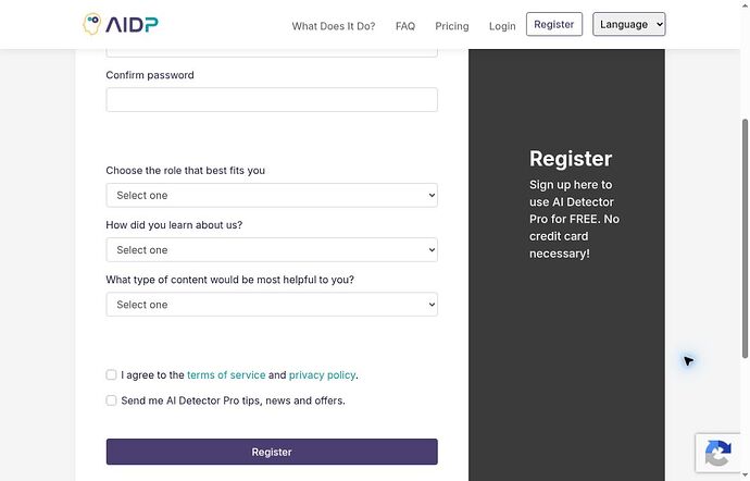 AI Detector Pro registration form and free no credit card statement