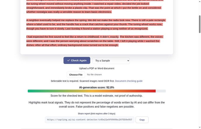 Sapling 92.8 percent AI-generation score for the fictional radio story