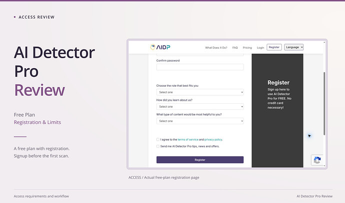 AI Detector Pro Review cover: free plan, registration & limits, with an original screenshot. AI Detector Pro registration page showing no-card free access and an unchecked terms and privacy agreement.