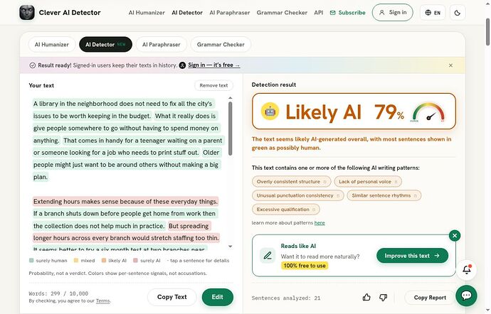 Clever AI Detector result for the unchanged Humanize.ai output
