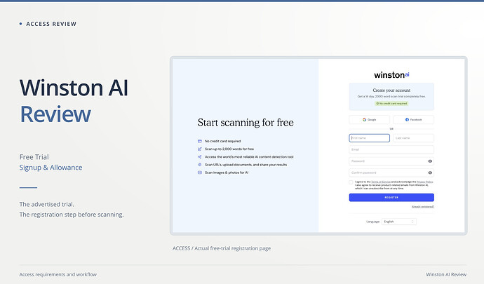 Winston AI Review cover: free trial, signup & allowance, with an original screenshot. Winston AI registration page advertising a 14-day 2000-word free trial without a credit card and displaying the terms checkbox.