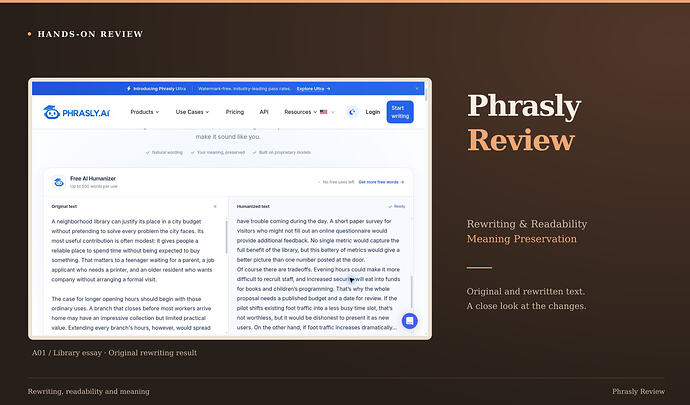 Phrasly Review cover: rewriting & readability, meaning preservation, with an original screenshot. Phrasly original essay and rewritten text, including the unfinished hypothetical visible in the result.