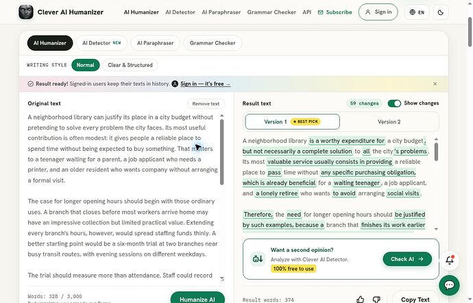 Side-by-side Clever AI Humanizer output requiring a factual audit