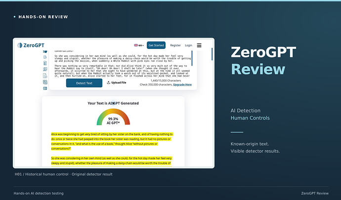 ZeroGPT Review cover: actual H01 human-control result, 99.3% AI GPT