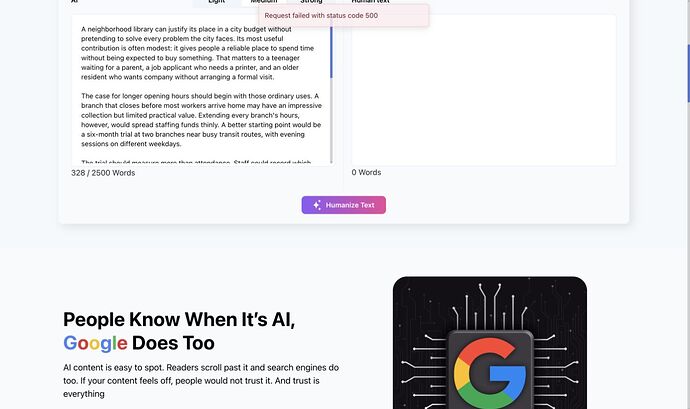 Humanify A01 request error status 500, 328-word input and zero output