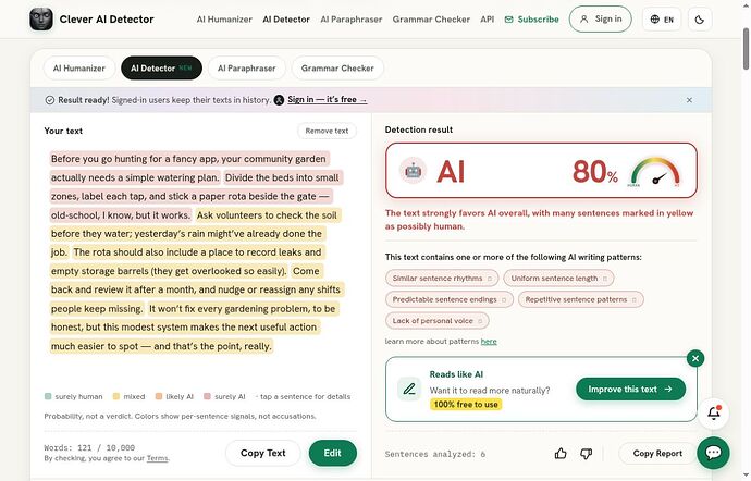 Clever AI Detector AI 80 percent for HumanWriter.ai output