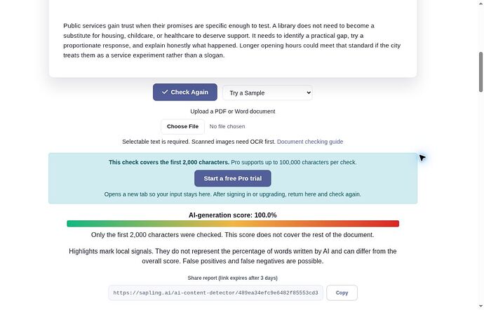Sapling 100.0 percent AI-generation result with the first-2000-characters warning