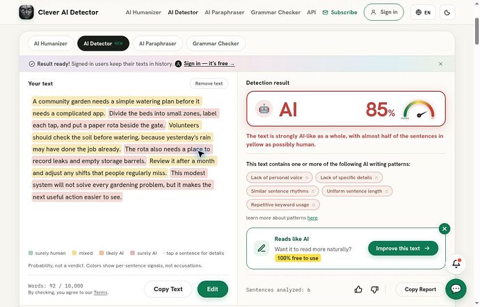 Clever AI Detector AI 85 percent for original garden input