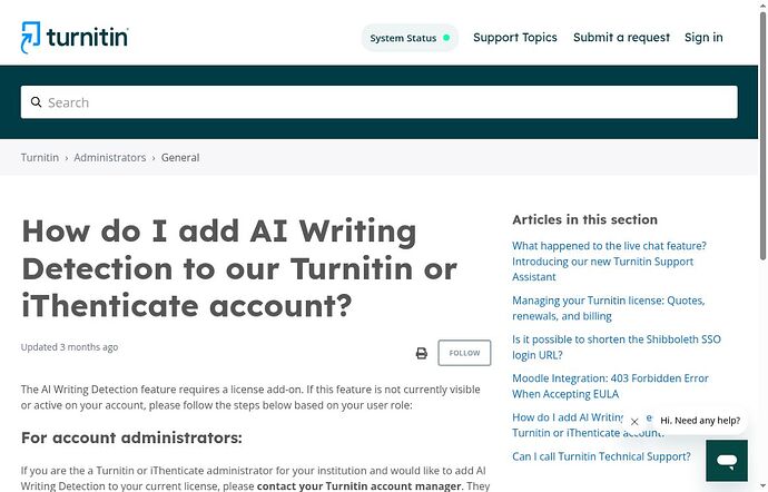 Turnitin official license add-on requirement and administrator access instructions