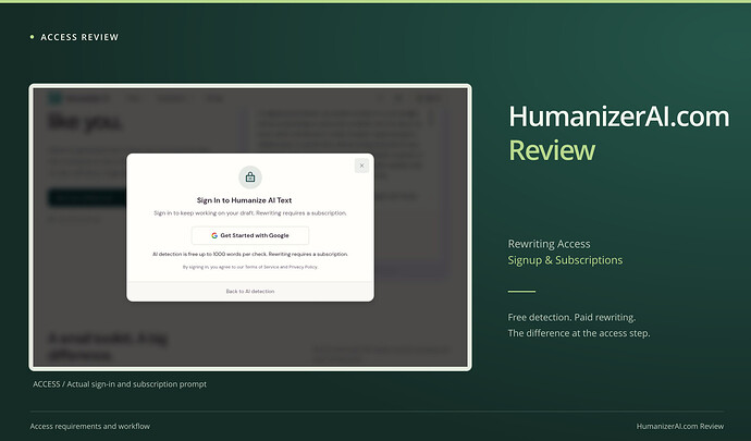 HumanizerAI.com Review cover: rewriting access, signup & subscriptions, with an original access screenshot. HumanizerAI.com rewriting sign-in dialog stating that AI detection is free up to 1000 words while rewriting requires a subscription.
