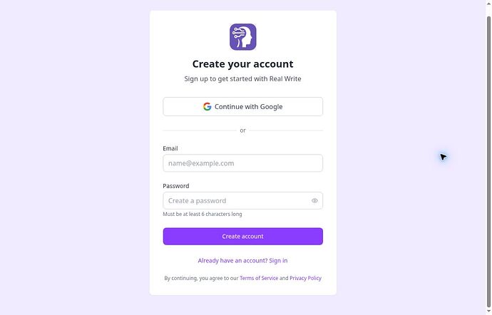 Real Write AI Create your account page reached after the Humanize action