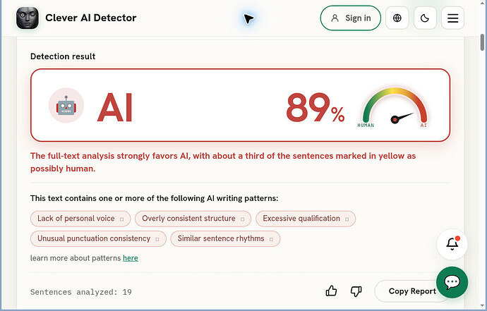 Actual Clever AI Detector result for A01