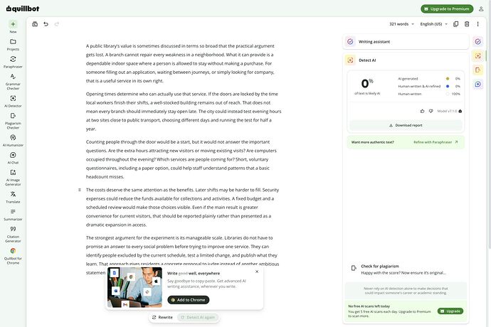QuillBot A03 retained result: 0% likely AI, Human-written 100%