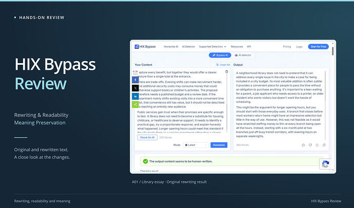 HIX Bypass Review cover: rewriting & readability, meaning preservation, with an original screenshot. HIX Bypass actual input and populated rewritten output in Latest mode.