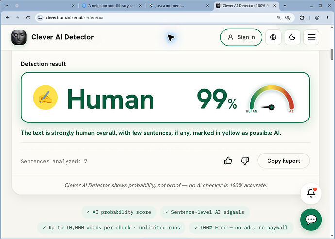 Clever AI Detector H01 result: Human 99 percent