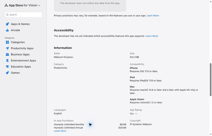 Humanly Apple device compatibility and US monthly and annual in-app purchase prices