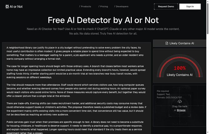 AI or Not text result showing 100 percent Likely Contains AI for A01