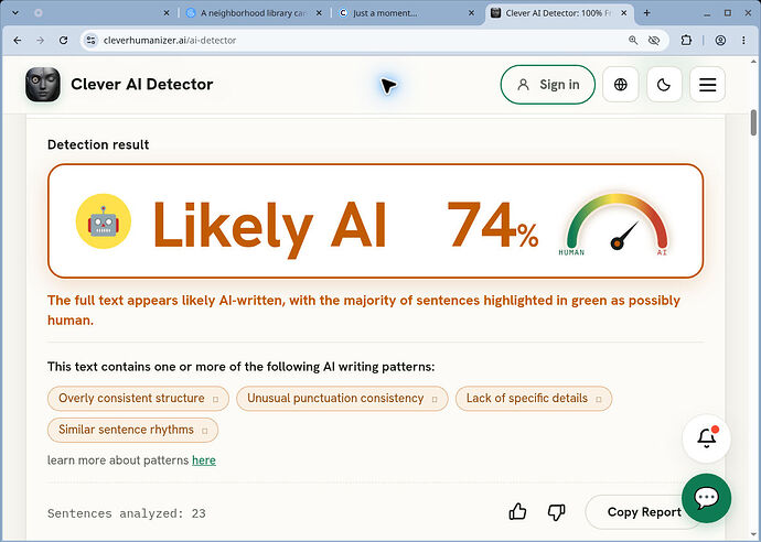 Clever AI Detector global narrative result alongside sentence signals
