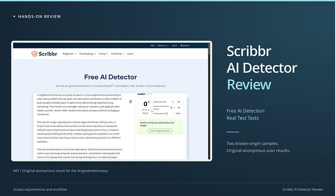 Scribbr AI Detector Review cover: free ai detection, real text tests, with an original screenshot. Scribbr embedded detector with the original A01 essay and 0% likely AI, 100% Human-written result.