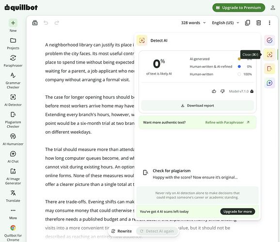 QuillBot A01 result: 0% likely AI, Human-written 100%