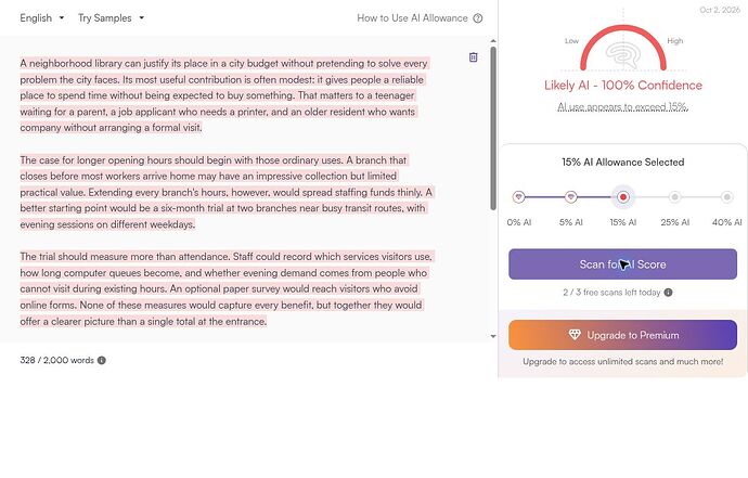 Originality.ai A01 result: Likely AI - 100% Confidence, with 15% AI Allowance selected and matching test text.