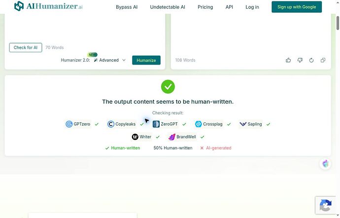 AIHumanizer.ai own human-written claim and detector-brand check marks