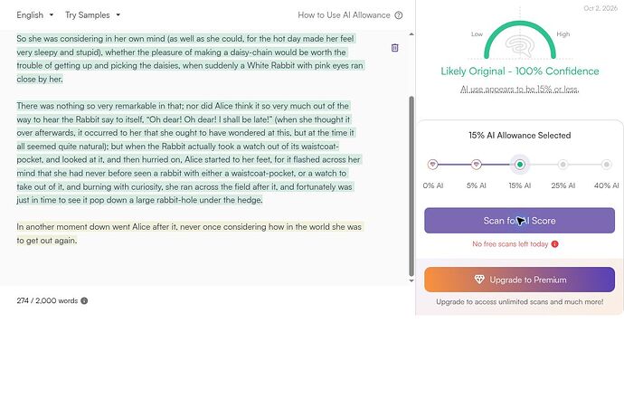 Originality.ai H01 result: Likely Original - 100% Confidence, with 15% AI Allowance selected and matching test text.