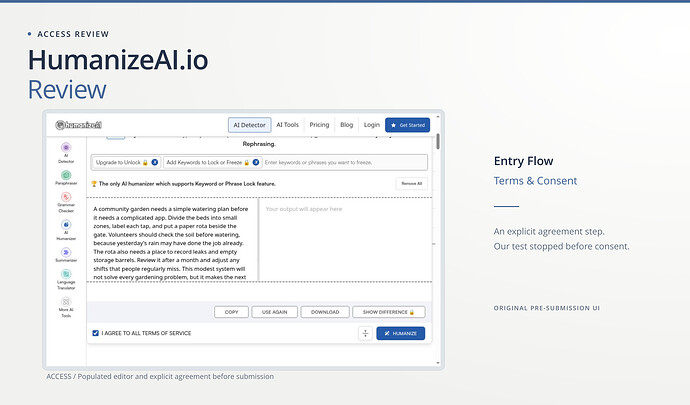 HumanizeAI.io Review cover: entry flow, terms & consent, with an original screenshot. HumanizeAI.io original populated HZ01 editor and checked explicit terms agreement; no Humanize submission was made.