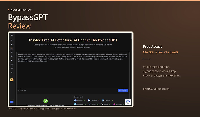 BypassGPT Review cover: free access, checker & rewrite limits, with an original screenshot. BypassGPT S01 checker input and visible checker result with vendor provider labels; these are not seven independently run detector tests.