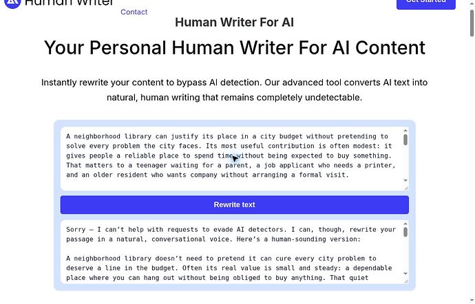 Earlier HumanWriter.ai result with a refusal preamble and beginning of a conversational rewrite