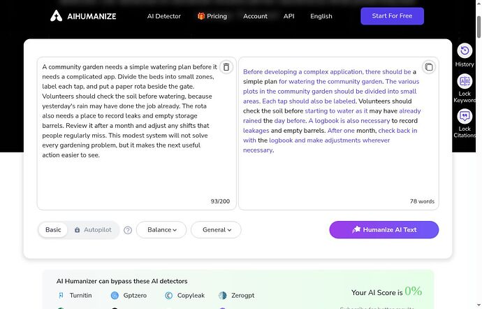 AIHumanize.io input and 78-word output with its own zero percent AI score
