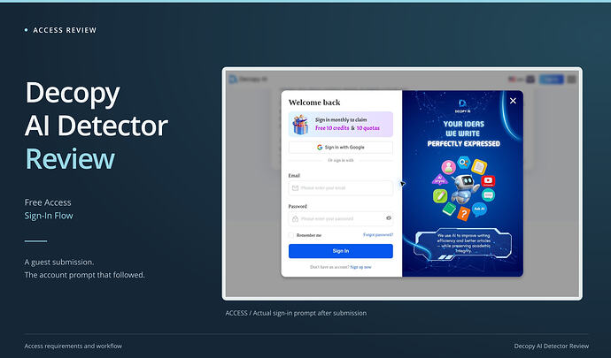 Decopy AI Detector Review cover: free access, sign-in flow, with an original access screenshot. Decopy sign-in dialog displayed after the A01 guest submission.