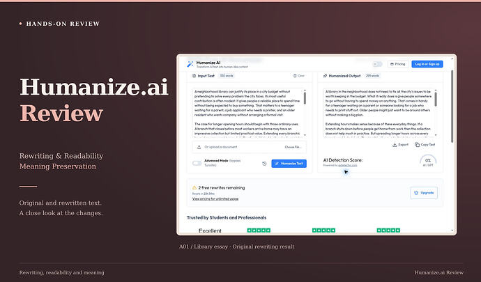 Humanize.ai Review cover: rewriting & readability, meaning preservation, with an original screenshot. Humanize.ai populated input and 299-word output; zero-percent AI/GPT panel is the vendor display.