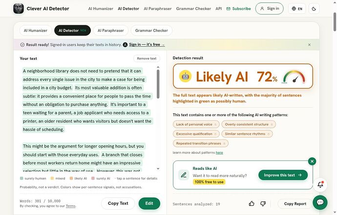 Clever AI Detector result for the unchanged HIX Bypass output
