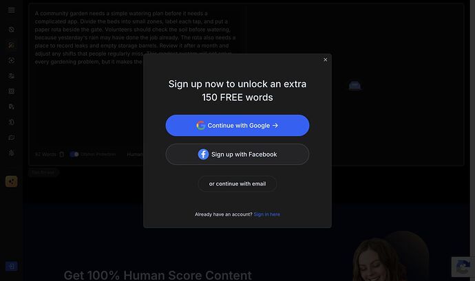 BypassGPT HZ01 rewrite request leading to signup for extra 150 free words