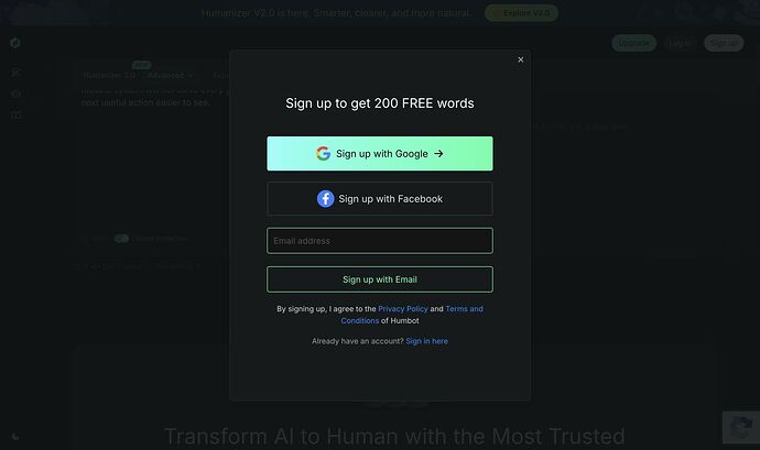 Humbot actual HZ01 rewrite request leading to signup for 200 free words