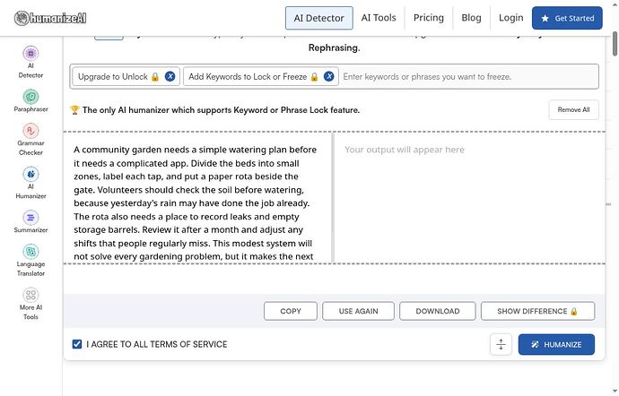 HumanizeAI.io prechecked I AGREE TO ALL TERMS OF SERVICE control beside Humanize