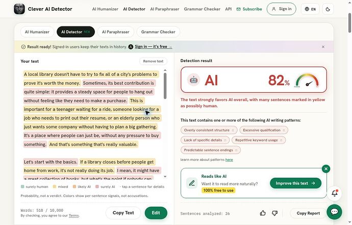 Clever AI Detector result for the unchanged Undetectable AI output