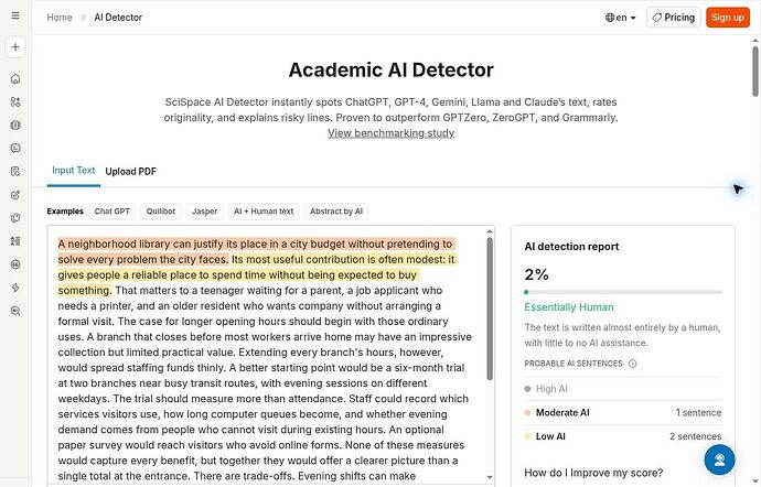 SciSpace report showing 2 percent AI Detected and Essentially Human for A01
