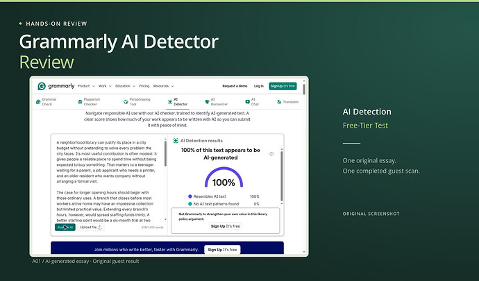 Grammarly AI Detector Review cover: ai detection, free-tier test, with an original screenshot. Grammarly A01 result showing 100% of the text appears to be AI-generated.