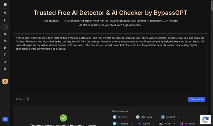 BypassGPT actual 90-word S01 input and site checking panel