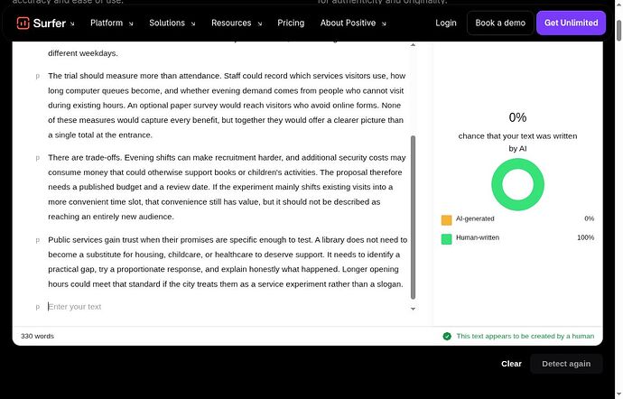 Surfer 0 percent chance AI and 100 percent human result on original AI essay