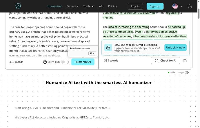 HumanizeAI.pro long A01 result locked after the free 200-word allowance