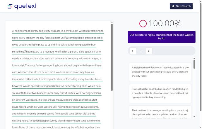 Quetext result showing 100.00 percent and high confidence of AI writing