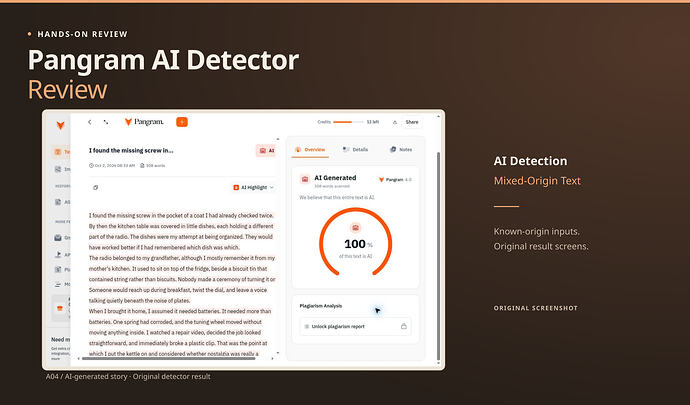 Pangram AI Detector Review cover: ai detection, mixed-origin text, with an original screenshot. Pangram A04 result showing AI Generated and 100% of this text is AI.