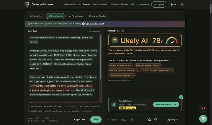 Clever AI Detector result for the manually corrected tutorial revision