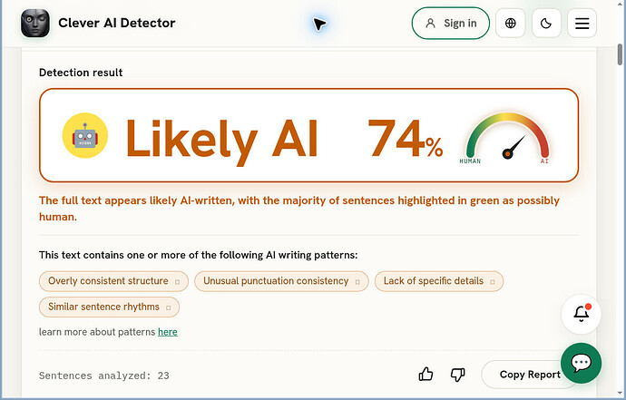 Clever AI Detector A04 result: Likely AI 74%
