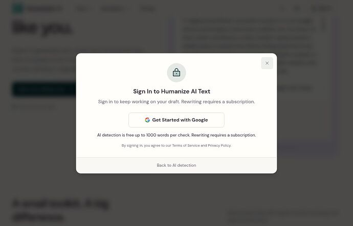 HumanizerAI.com sign in modal explaining that rewriting requires a subscription and AI detection is free up to 1000 words