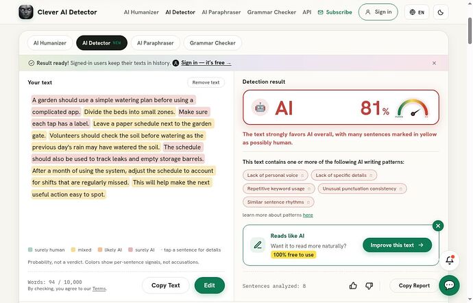 Clever AI Detector AI 81 percent for unchanged WriteHuman output